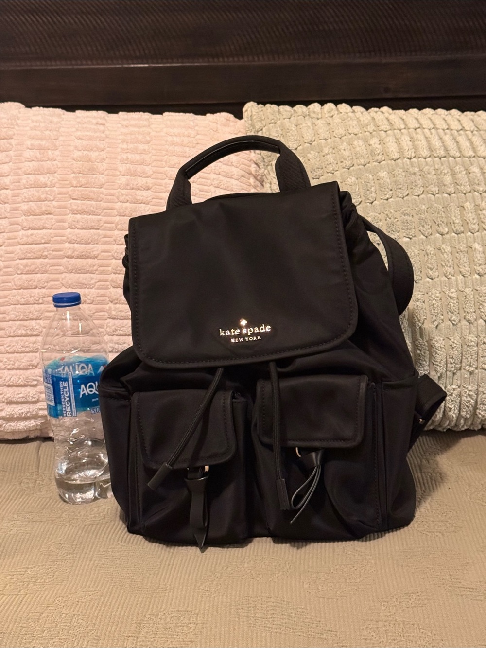 Like new! kate spade black nylon drawstring backpack with front pockets
